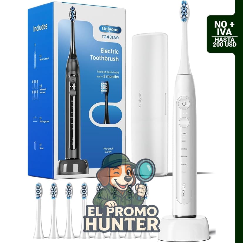 Cepillo de dientes eléctrico recargable con 8 cabezales, funda de viaje y base de carga inalámbrica.