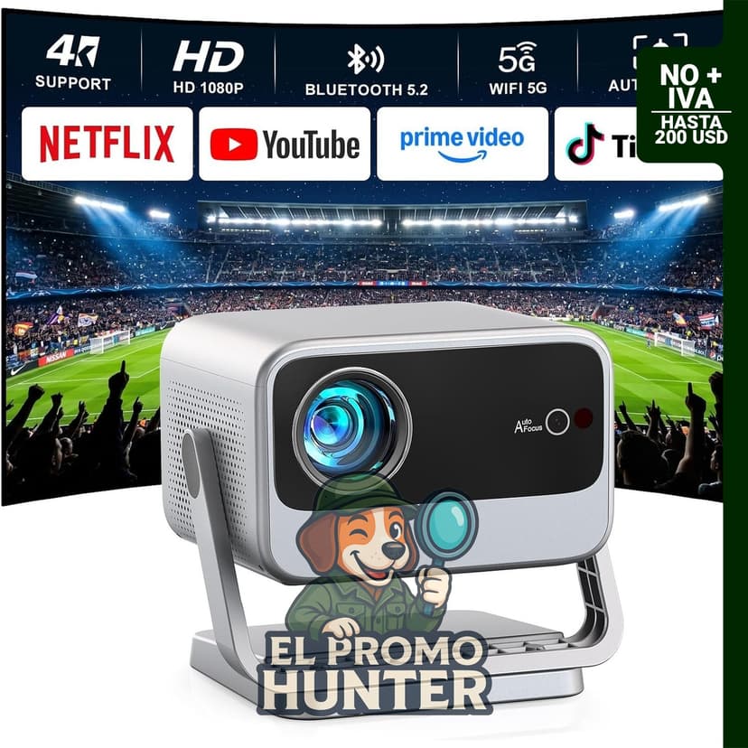 Proyector 4K con WiFi y Bluetooth, autoenfoque y corrección trapezoidal, soporte ajustable para uso en interiores y exteriores 4600 ANSI + 4K HDR