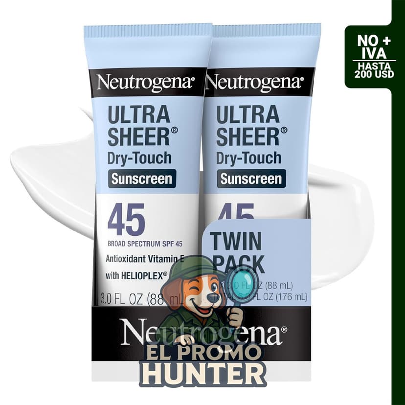 Neutrogena Ultra Sheer Protector solar SPF 45, 89 ml, paquete de 2, resistente al agua hasta 80 minutos.