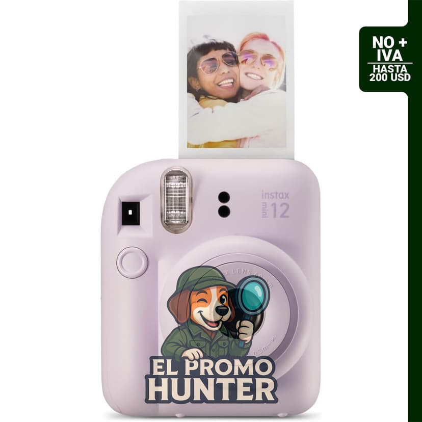 Cámara instantánea Fujifilm Instax Mini 12, color lila morado, con exposición automática y espejo selfie.
