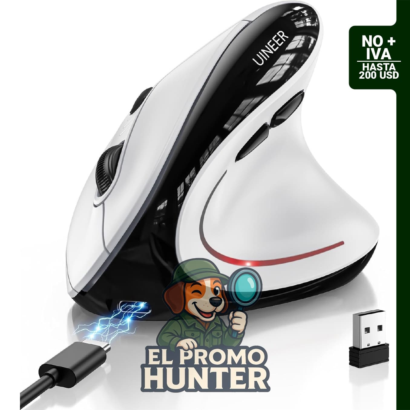 Mouse vertical inalámbrico Uineer, compatible con Bluetooth 5.0/4.0 y 2.4GHz, recargable, con receptor USB-A.