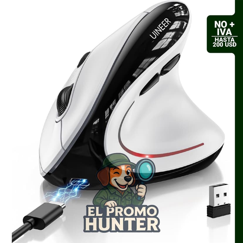Mouse vertical inalámbrico Uineer, compatible con Bluetooth 5.0/4.0 y 2.4GHz, recargable, con receptor USB-A.