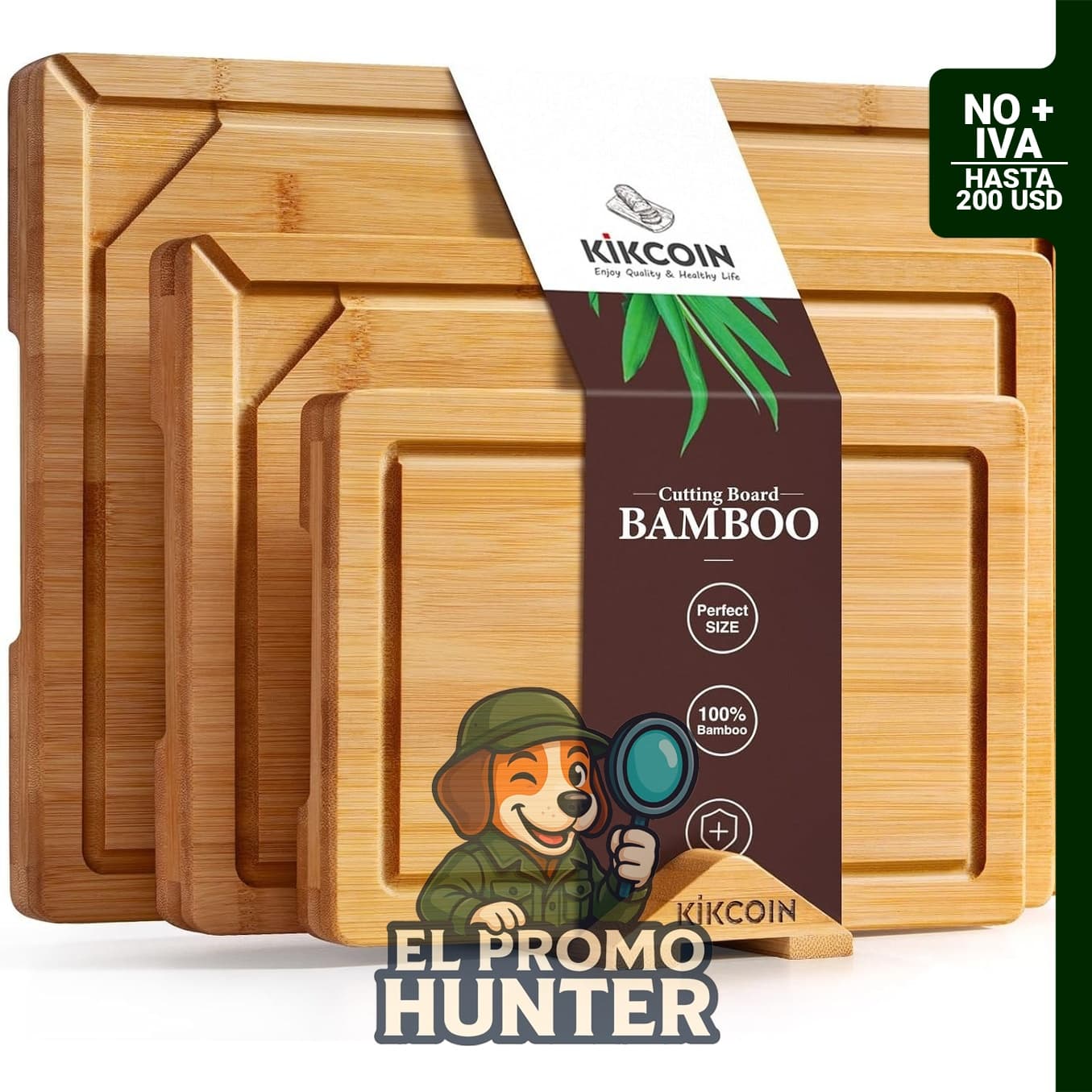 Juego de tablas de cortar de bambú de 3+1 piezas, incluye soporte.
