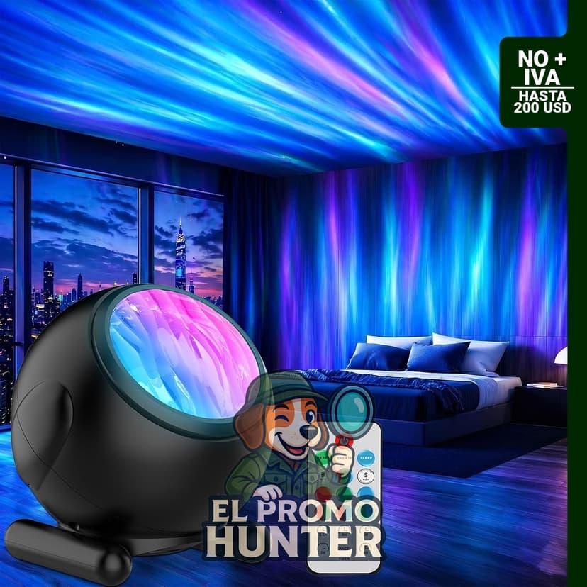 Proyector de luz aurora LED con control remoto y temporizador.