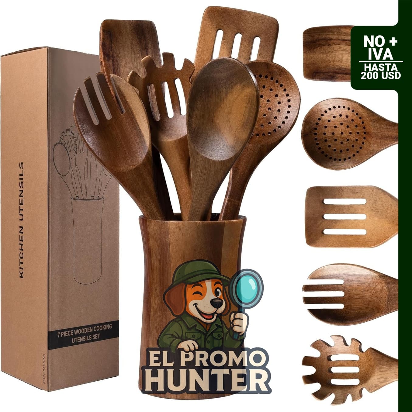 Set de utensilios de cocina de madera de acacia de 7 piezas con soporte, incluye cucharas, espátulas y tenedor para ensalada.