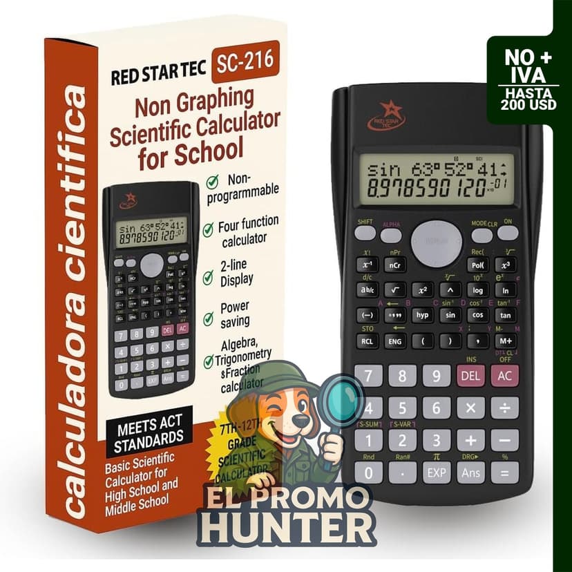 Calculadora científica no gráfica SC-216 con 240 funciones y tecla de fracción.
