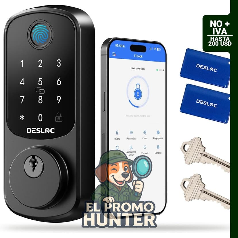 Cerradura inteligente de huellas dactilares con teclado, control por app y cierre automático.