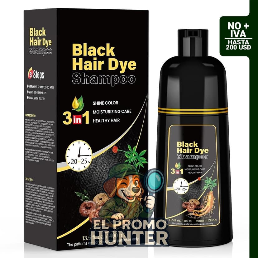 Champú para teñir el cabello negro, 400 ml (13.5 fl oz), para cubrir canas en hombres y mujeres.