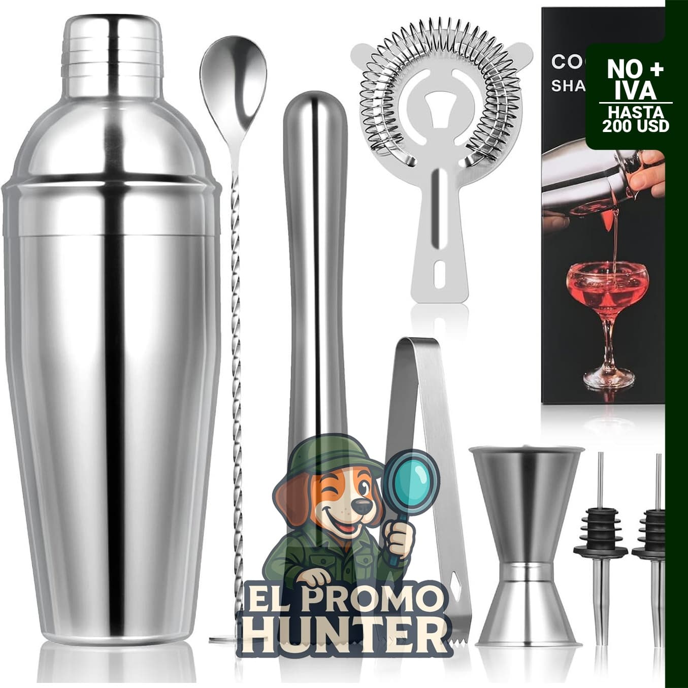 Juego de coctelera de 8 piezas con accesorios de bartending.