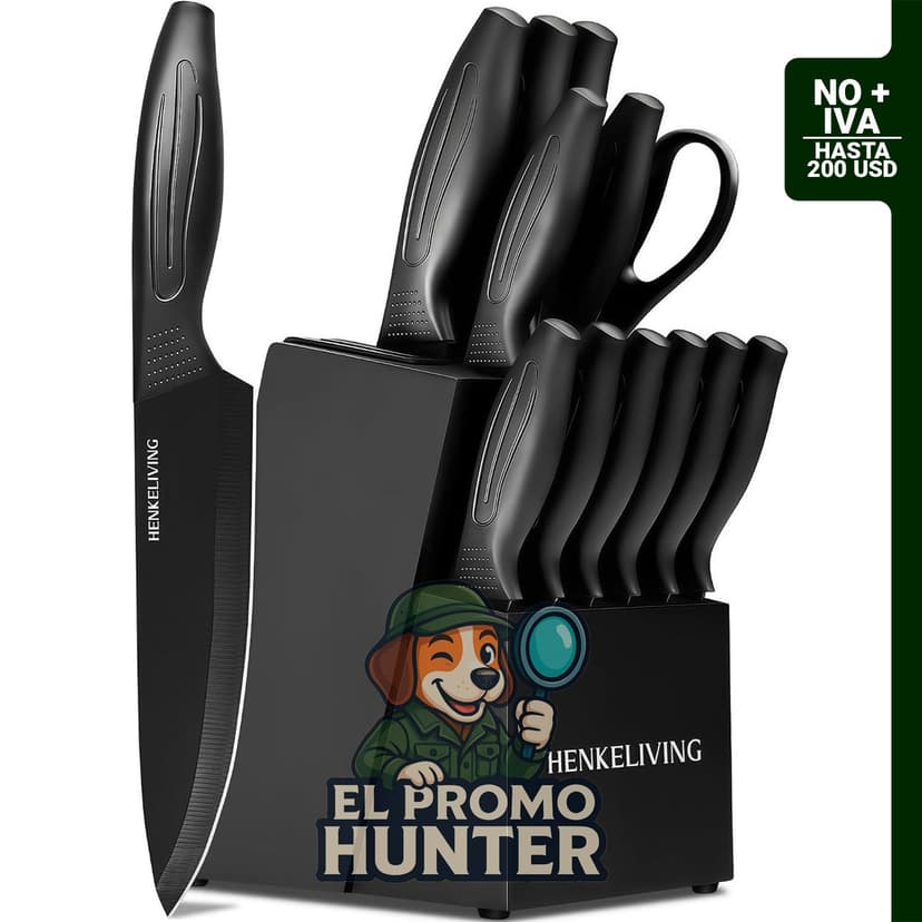 Juego de cuchillos con bloque afilador integrado, apto para lavavajillas. Cuchillas de acero inoxidable de alto carbono.