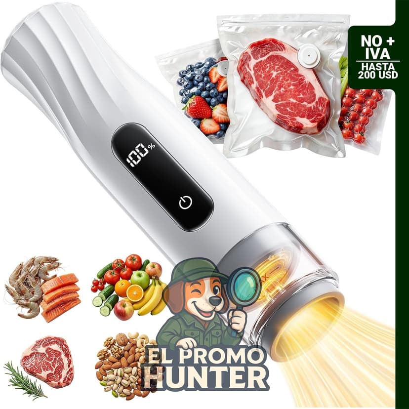 Sellador al vacío compacto para alimentos, incluye 30 bolsas reutilizables y pantalla de batería.