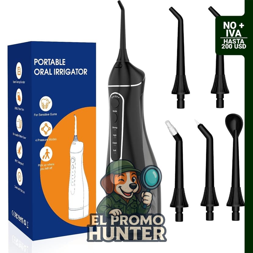 Irrigador dental portátil con 4 modos y 5 puntas de chorro, IPX7, tanque de 300 ml para uso en casa y viajes.