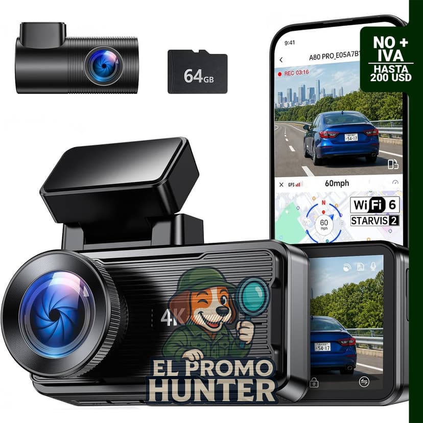 Cámara de tablero 4K delantera y trasera con WiFi y GPS, incluye tarjeta de 64GB y pantalla de 3".