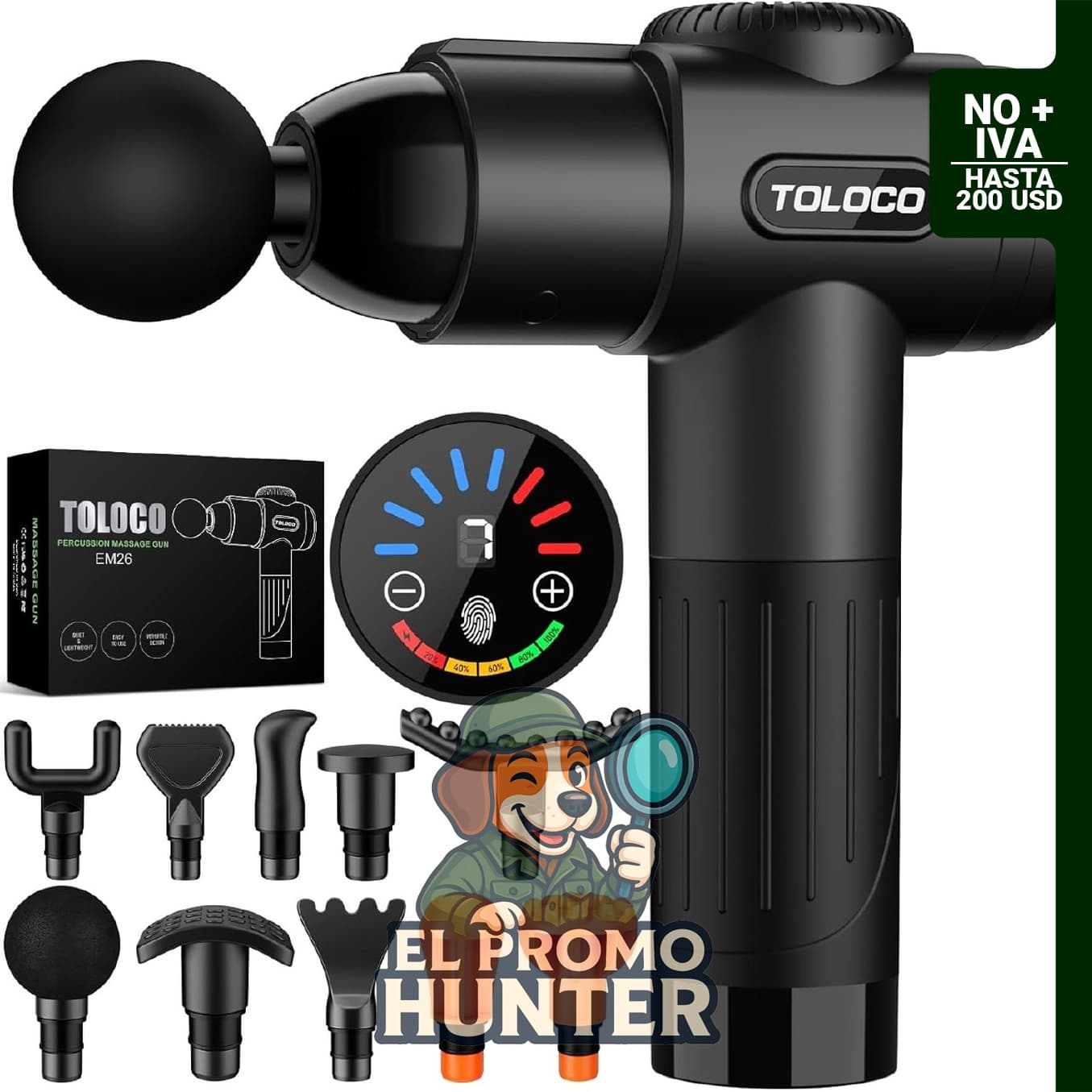 Pistola de masajes Toloco T11 Pro, para tejido muscular profundo, incluye 10 cabezales de masaje y motor silencioso.
