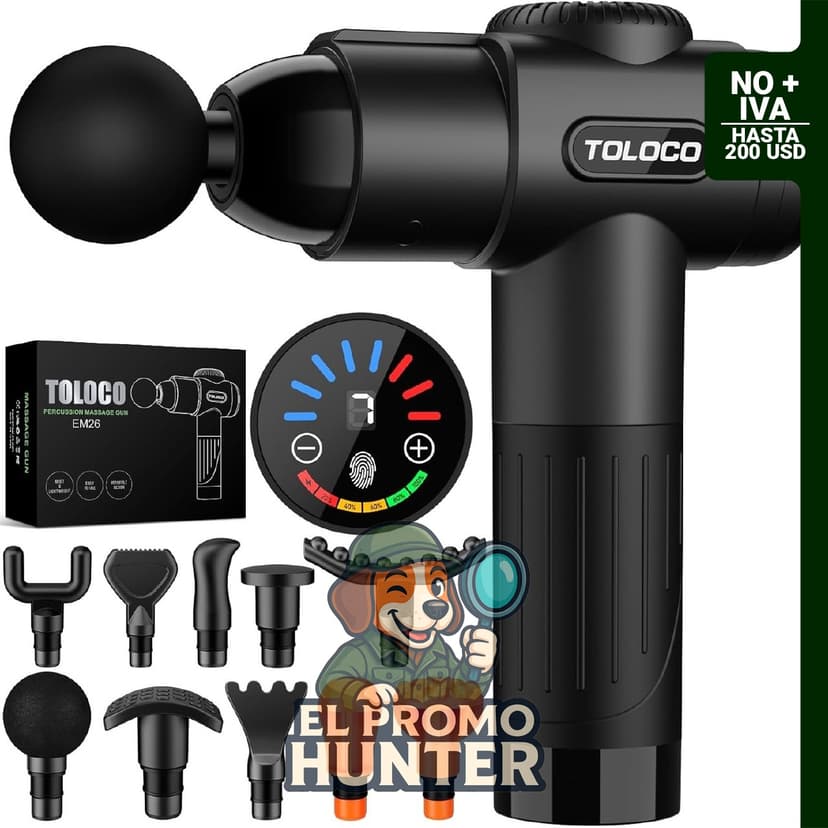 Pistola de masajes Toloco T11 Pro, para tejido muscular profundo, incluye 10 cabezales de masaje y motor silencioso.