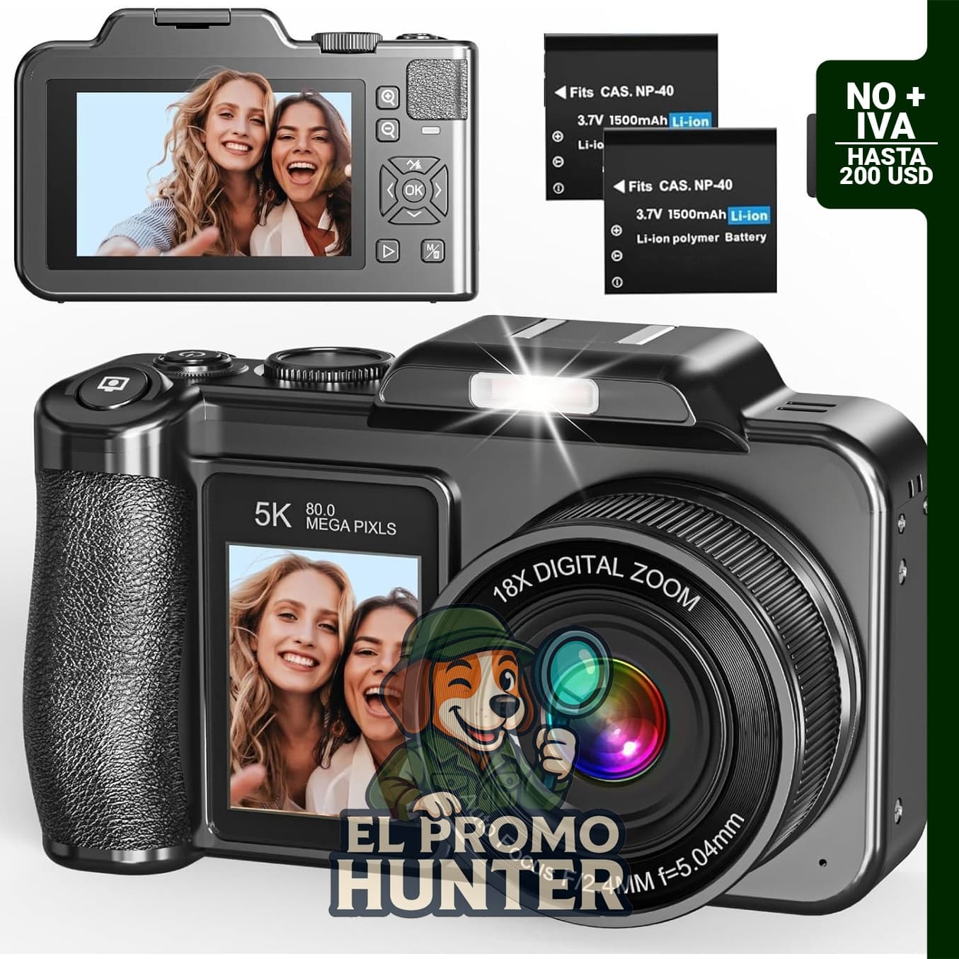 Cámara digital 5K 80MP con pantallas de 3.5" y 2", enfoque automático y zoom digital 18X.