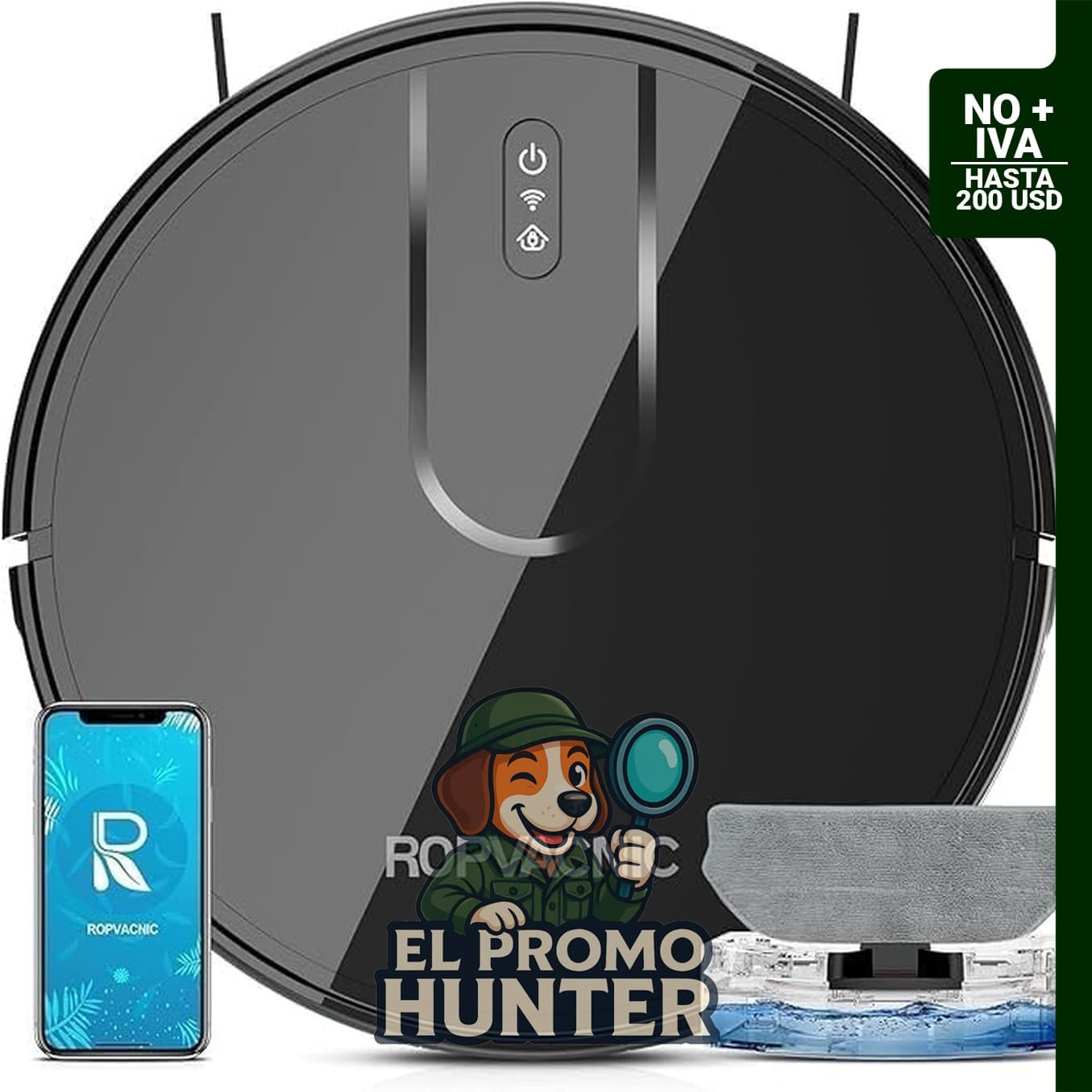 ROPVACNIC Robot aspirador y trapeador combinado con succión de 5200 Pa, con ajustes de limpieza personalizados y carga automática.
