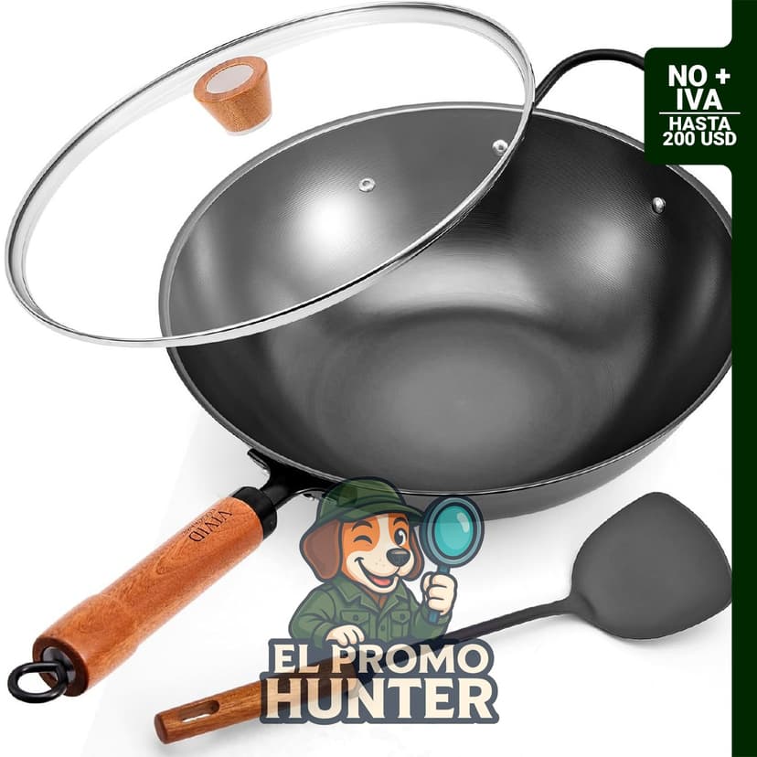 Wok de acero al carbono de 12.6" (32 cm) con tapa, sartén de inducción de fondo plano.