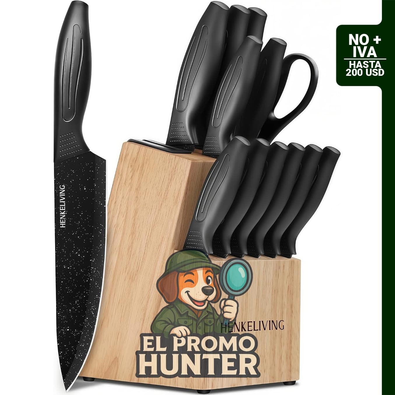 Set de cuchillos HENKELIVING de 14 piezas con bloque y afilador integrado, acero inoxidable de alto carbono.