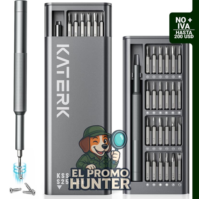 KATERK Juego de destornilladores de precisión 25 en 1, incluye 24 puntas magnéticas, tamaño compacto para reparaciones.