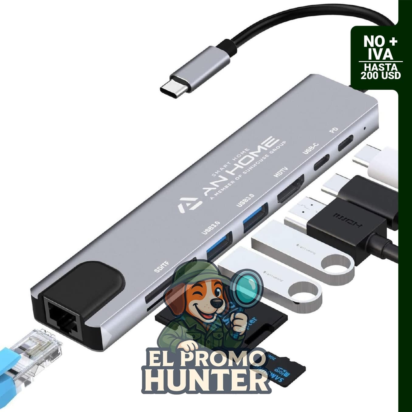 AnHome Adaptador USB C Hub Ethernet HDMI 4K, 8 en 1 con puertos USB 3.0, lector de tarjetas SD/TF y carga de 87 W PD.