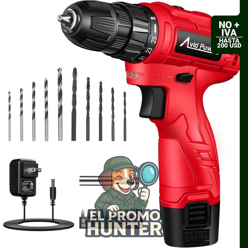 AVID POWER Taladro inalámbrico de 12 V con portabrocas sin llave de 3/8" y control de par de 25+1.