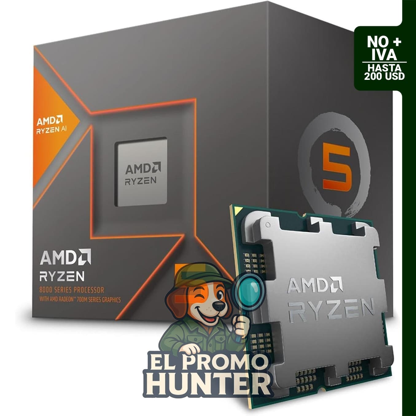 Procesador AMD Ryzen 5 8600G, 6 núcleos, 12 hilos, frecuencia base de 3.2 GHz y turbo de 4.4 GHz.