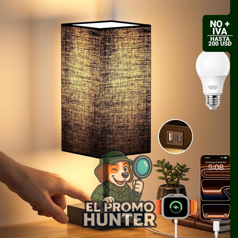 Lámpara de mesita de noche con pantalla de tela de tetragón de lino, incluye dos puertos USB para carga.