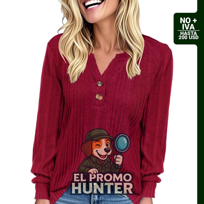 Camisa de manga larga Henley para mujer, tipo túnica con cuello en V, suéter pullover de ajuste suelto.