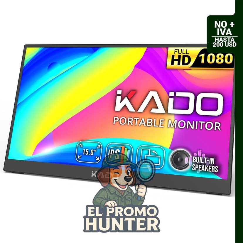 Monitor portátil Kado 15.6" (39.6 cm) FHD 1080p, soporte giratorio, IPS, con altavoces integrados.