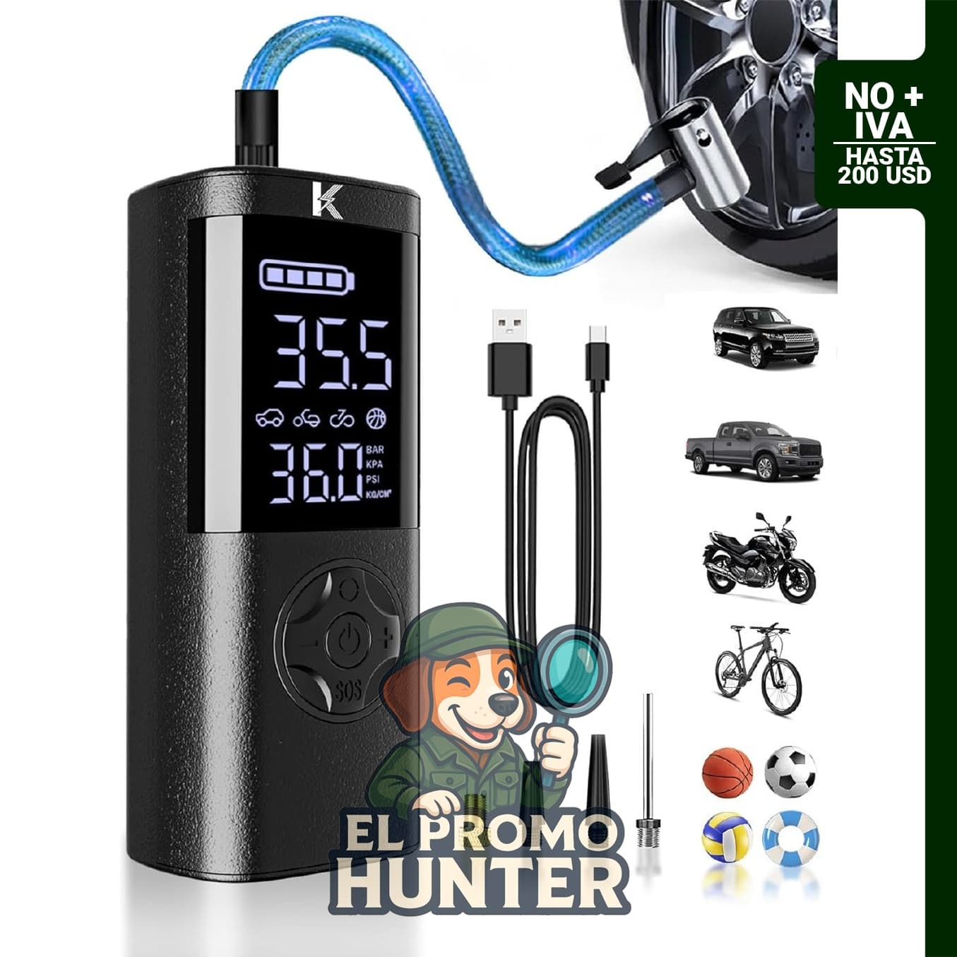 KASPARMP Inflador de neumáticos inalámbrico de 150 PSI con medidor digital y luz LED.