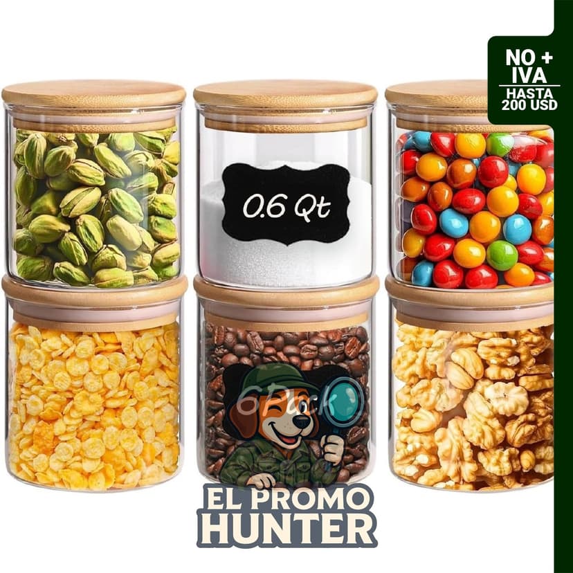 ComSaf Contenedor de vidrio de 600 ml con tapa de bambú, ideal para almacenamiento de especias y aperitivos.