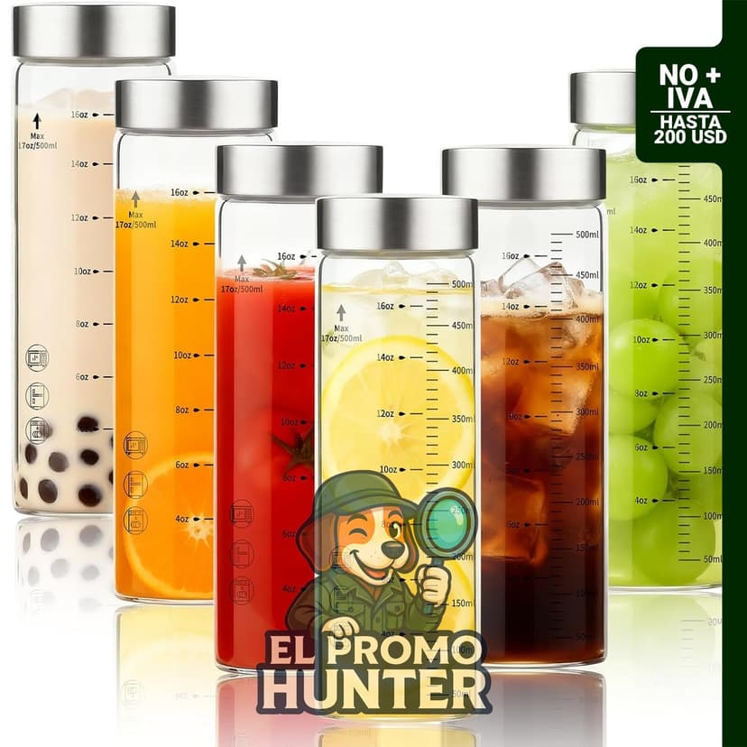 Botellas de vidrio de 500 ml con tapa de acero inoxidable, juego de 6, aptas para líquidos.