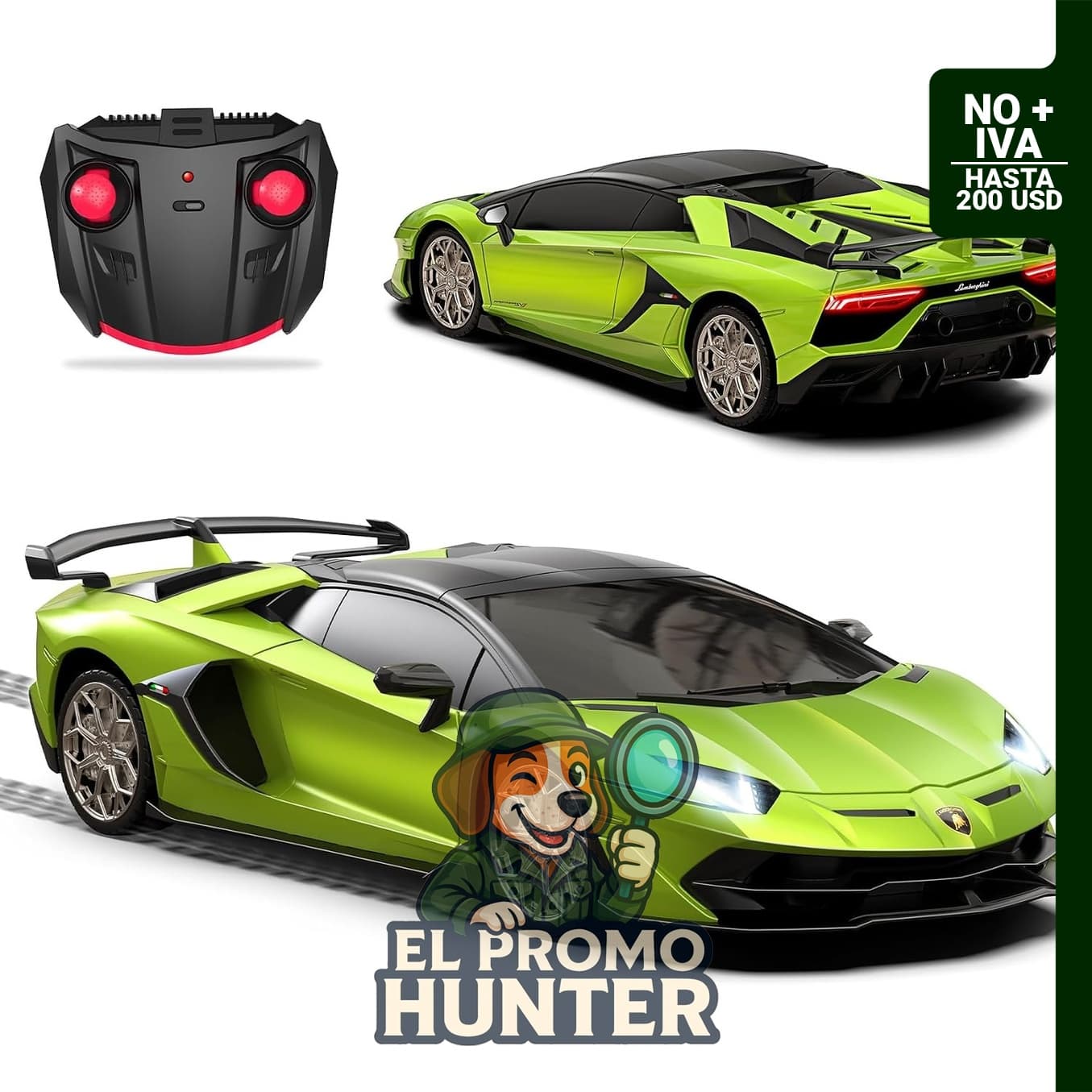 AEROQUEST Lamborghini Aventador SVJ-Green, coche control remoto 1:24 con luces LED y soporte 2.4GHz.