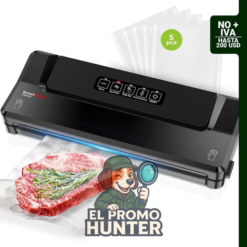 Bonsenkitchen Máquina selladora al vacío, color negro, incluye 5 bolsas al vacío, sistema de vacío externo.