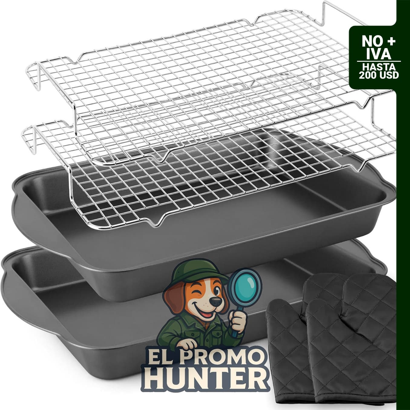 Juego de 6 sartenes profundas para hornear de 44.5 x 23.9 cm con estantes de enfriamiento y guantes de horno.