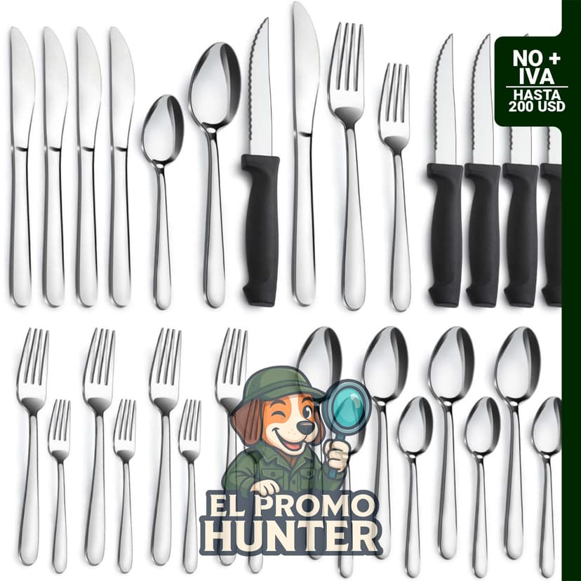 Juego de cubiertos de 24 piezas de acero inoxidable, incluye cuchillos para carne, tenedores y cucharas.