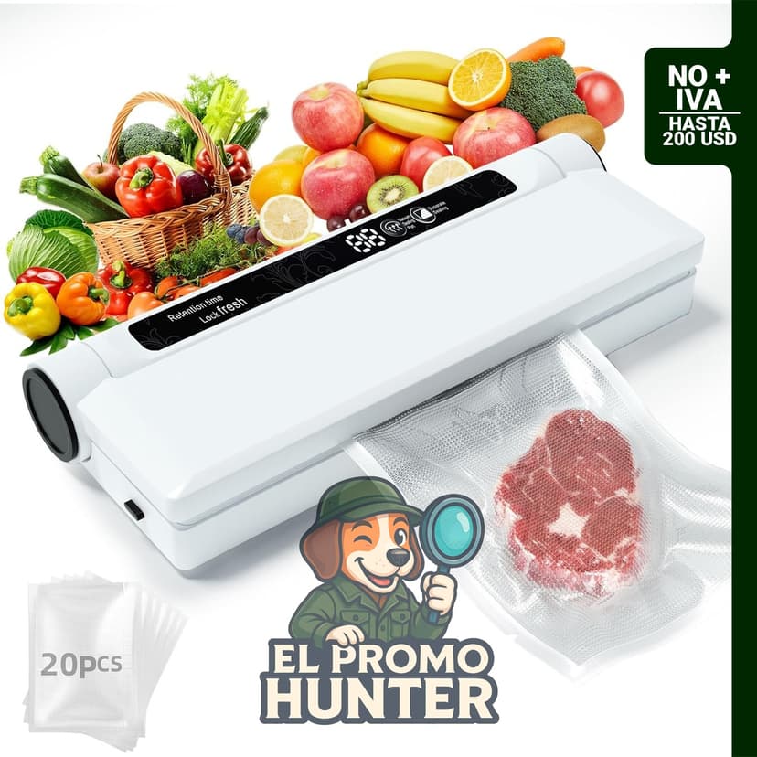 Sellador al vacío compacto LSA Apparel, succión de 75 KPA, pantalla LED, uso para alimentos secos y húmedos, incluye 20 bolsas.