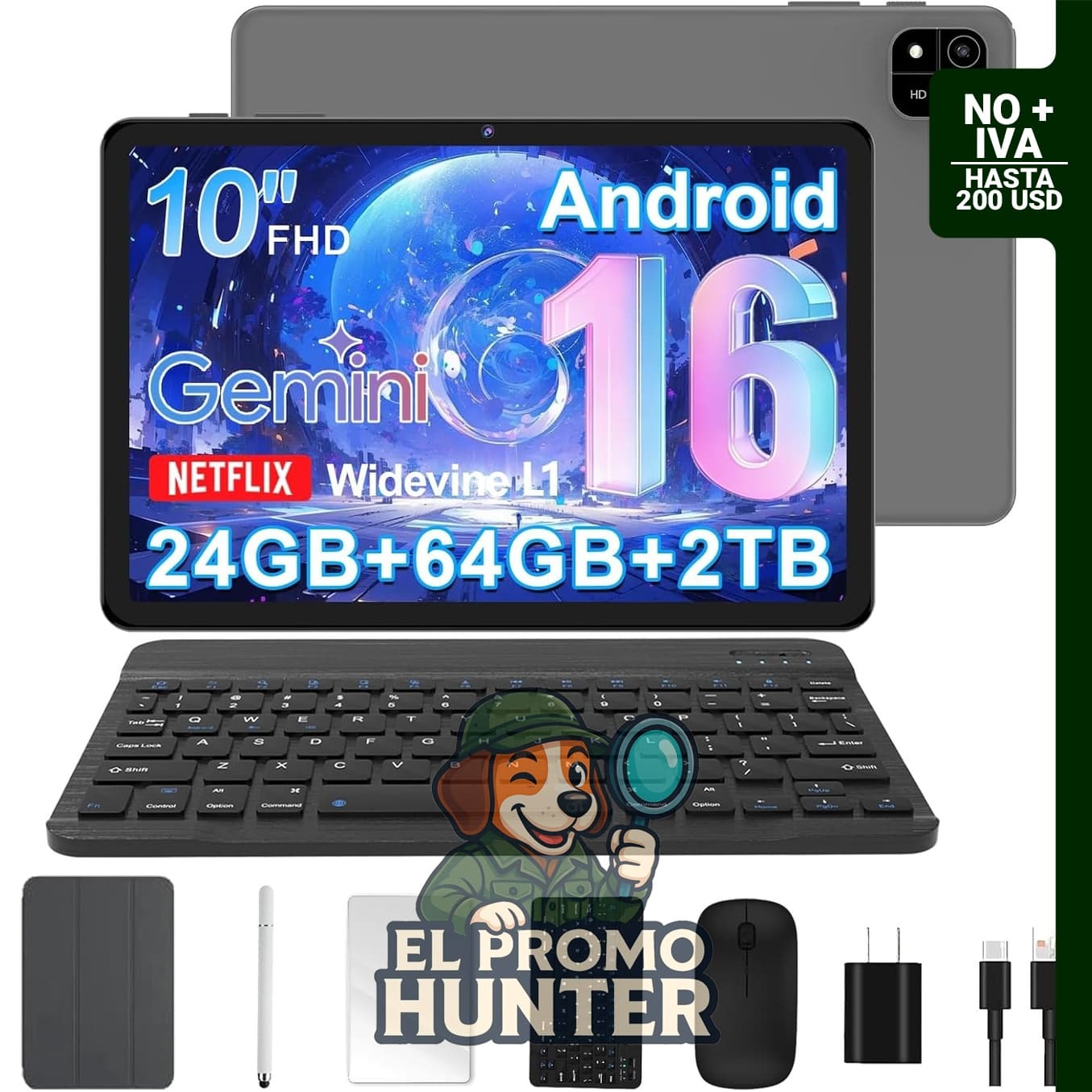 Tablet Android 16, 10" (25.4 cm), Octa-Core, 24 GB RAM, 64 GB ROM, expansión hasta 2 TB, 6000 mAh, WiFi, Widevine L1, GMS.