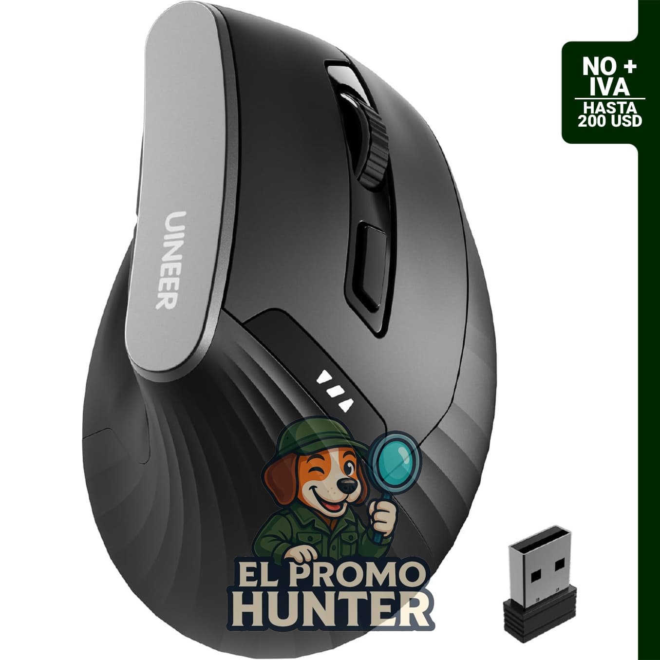 Uineer Mouse Vertical Inalámbrico 2.4G, diseño ergonómico para diestros, conexión USB-A, batería recargable y nivel de batería visible.