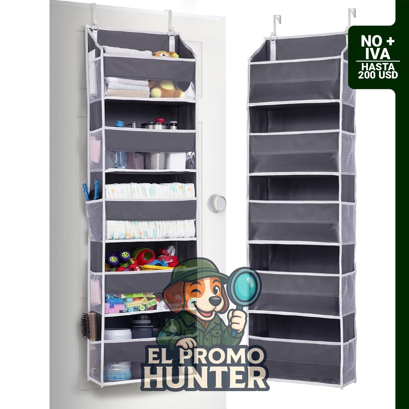 ULG organizador sobre puerta con 5 bolsillos grandes y 10 de malla, capacidad de 20 kg, color gris oscuro.