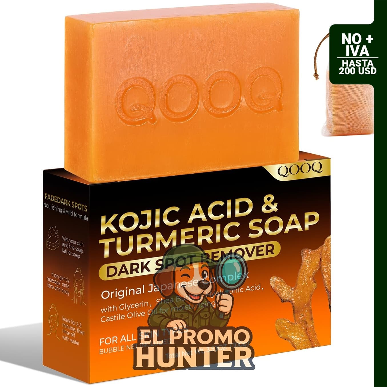 QOOQ Jabón de Cúrcuma y Ácido Kójico, 100 g, para limpieza facial. Contiene Vitamina C, Retinol, Colágeno, Glicerina, Mantequilla de Karité y Aceite de Oliva.