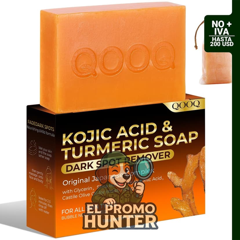 QOOQ Jabón de Cúrcuma y Ácido Kójico, 100 g, para limpieza facial. Contiene Vitamina C, Retinol, Colágeno, Glicerina, Mantequilla de Karité y Aceite de Oliva.