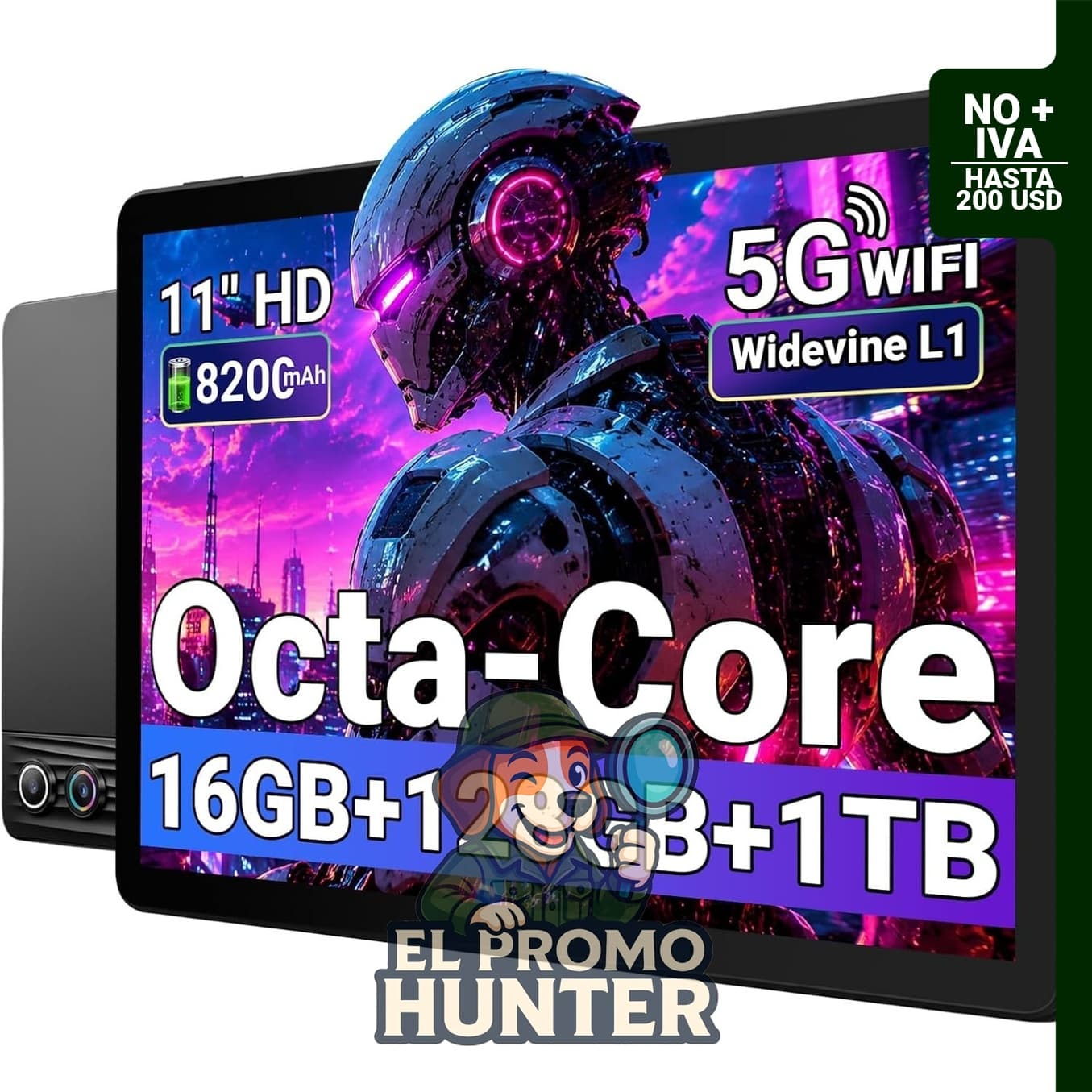 MUISOO Tableta de 11" (28 cm), Octa-Core, 16GB RAM, 128GB ROM, expansión hasta 1TB, batería de 8200mAh, WiFi 6, Bluetooth 5.3, pantalla HD IPS, cámara dual, Android 14.