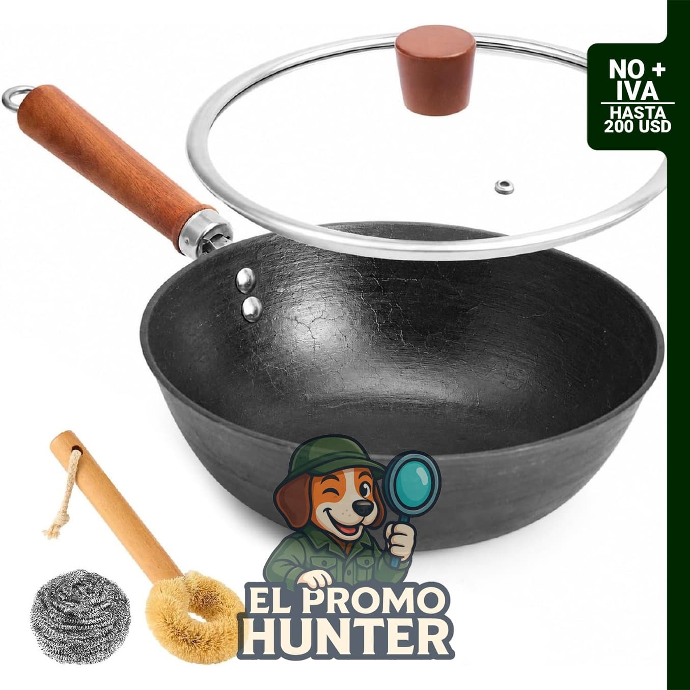 Wok de hierro fundido de 10.2" (26 cm) con tapa de vidrio y mango de madera, apto para gas, inducción y electricidad.