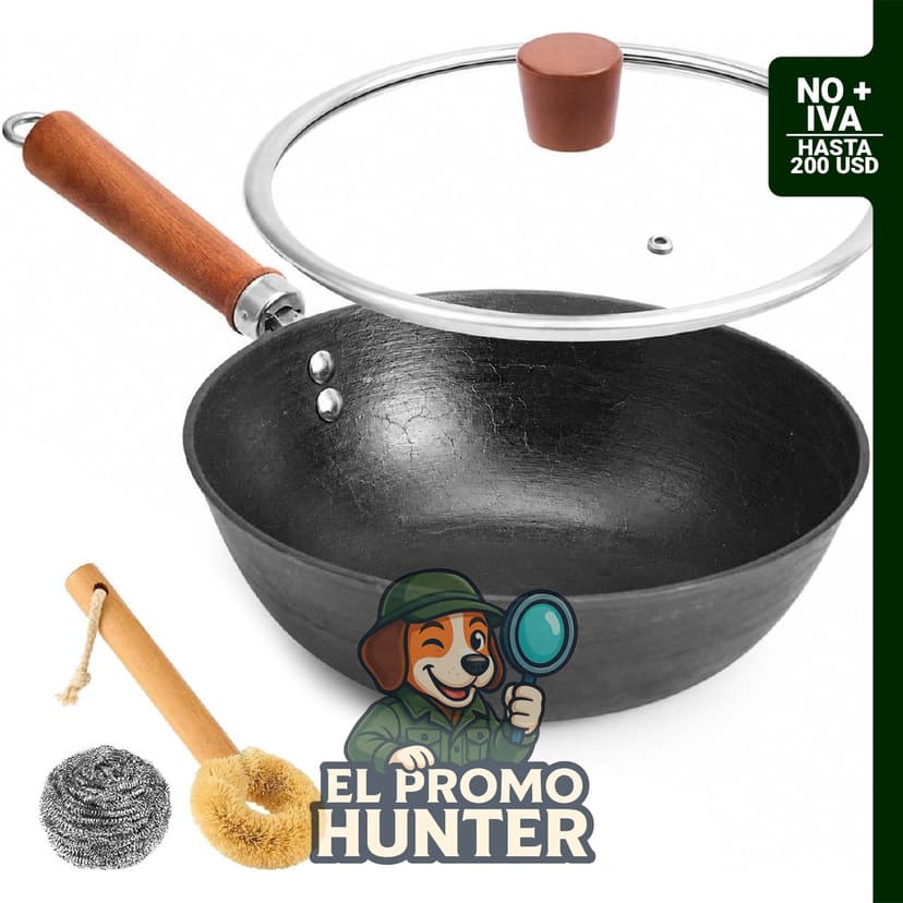 Wok de hierro fundido de 10.2" (26 cm) con tapa de vidrio y mango de madera, apto para gas, inducción y electricidad.