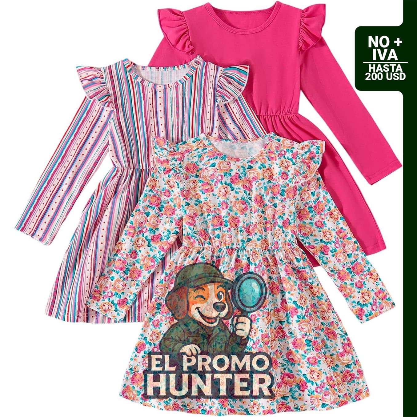 Paquete de 3 vestidos para niñas, tipo A, con estampado patinador y diseño acampanado.