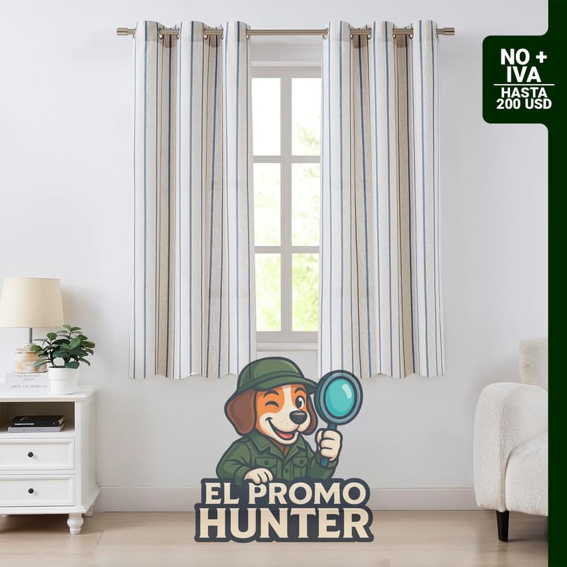 Cortinas de rayas verticales en azul polvoriento y beige, 63" (160 cm) de largo, 40" (102 cm) de ancho, 12% lino.