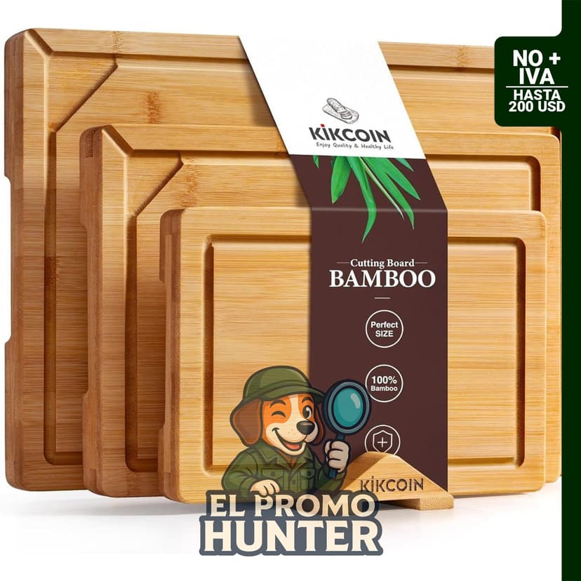 Kikcoin tablas de cortar de bambú autodrenantes, set de 3+1, con ranura para jugo y mango.