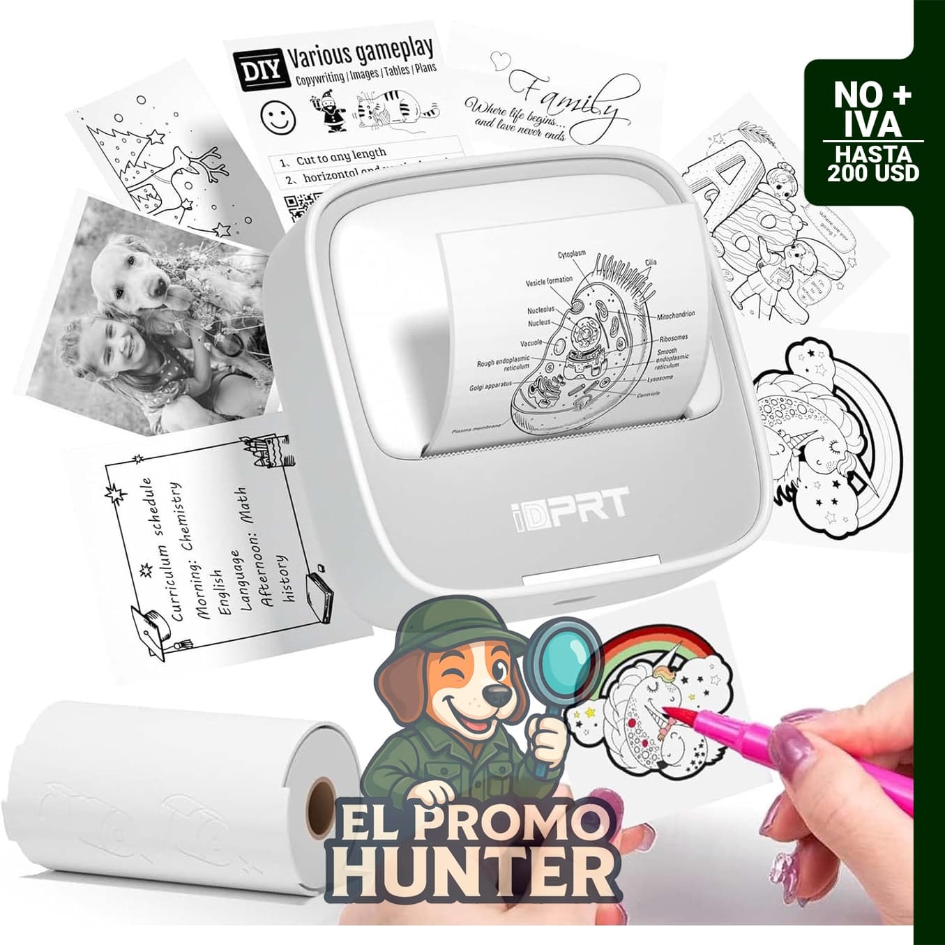 iDPRT Mini impresora térmica portátil para etiquetas y códigos de barras, compatible con iPhone y Android.